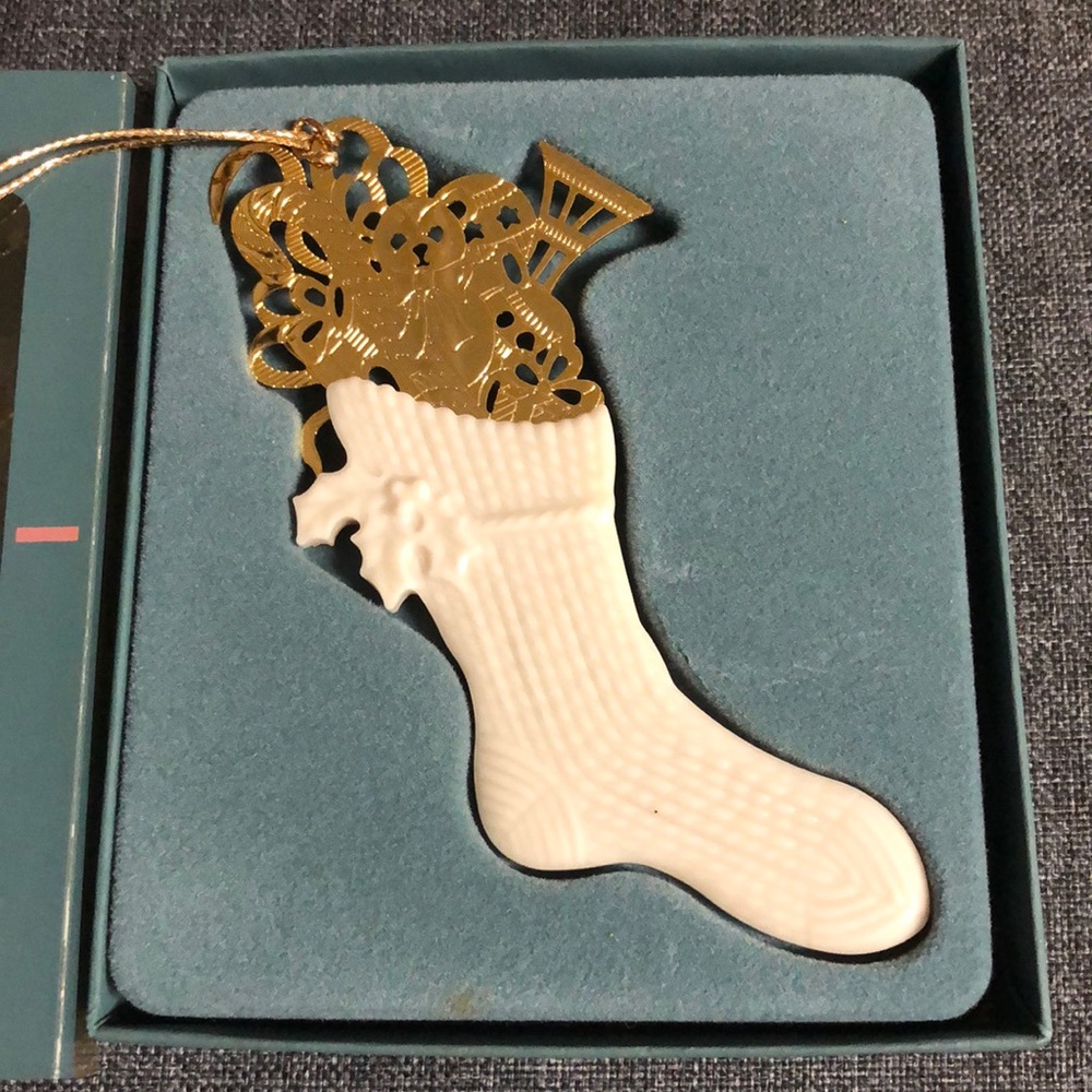Vintage Lenox Porcelain Christmas Stocking Ornament Full of Golden Gifts 2 Sided